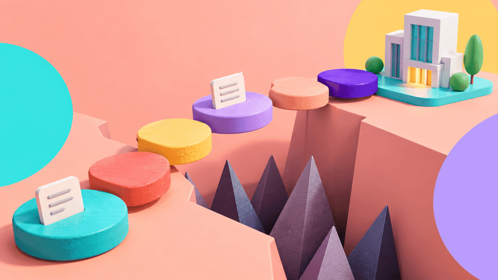Colorful stepping stones cross a gap toward a small company building.
