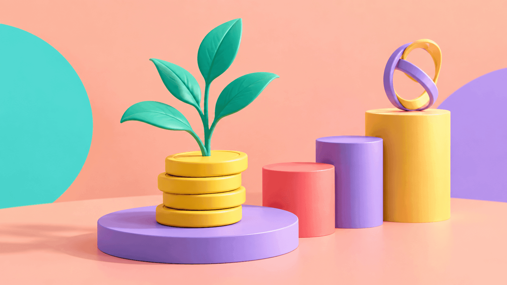 A turquoise plant grows from stacked yellow tokens beside ascending colorful platforms.