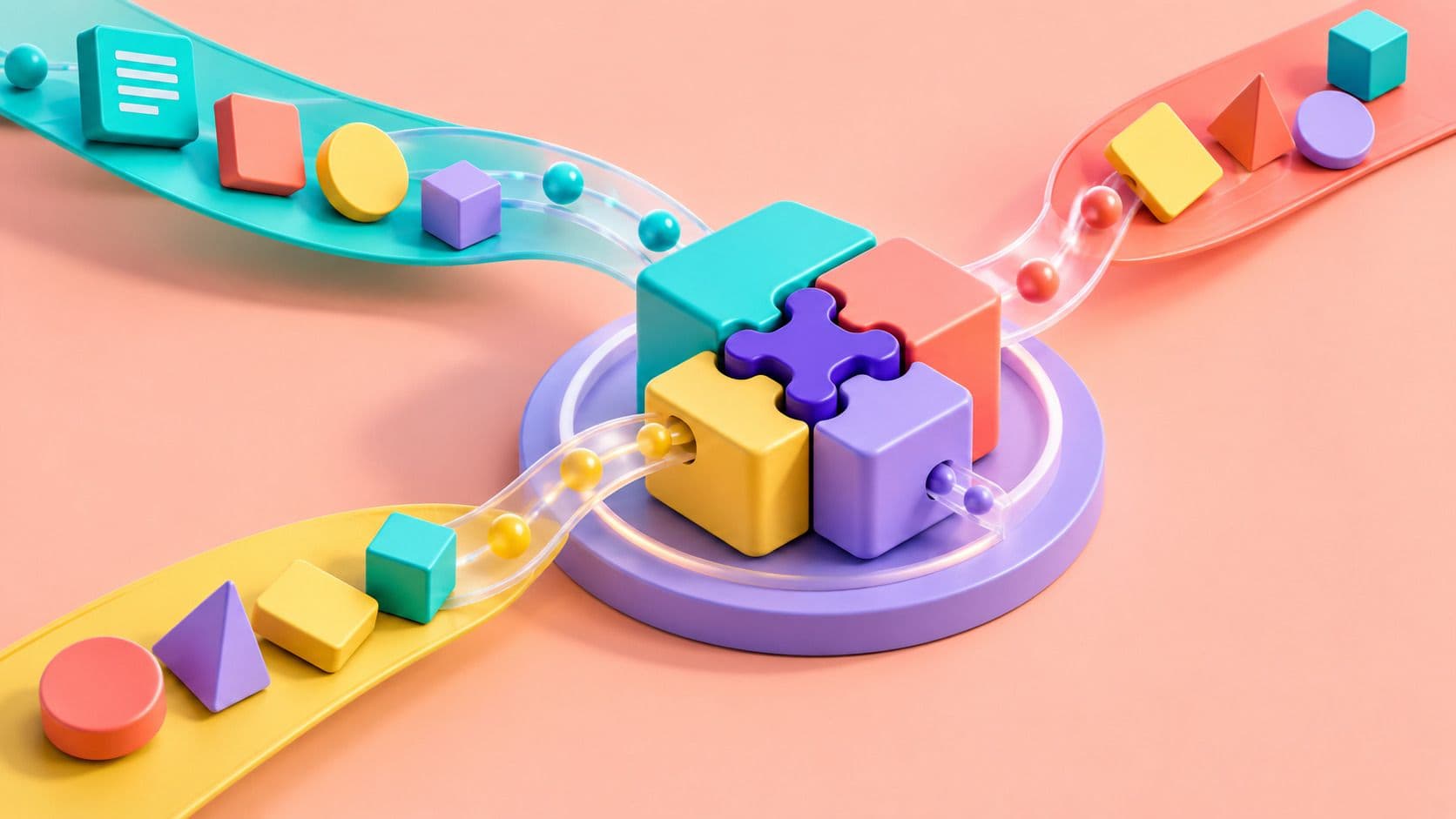 Colorful tasks travel along three channels into an interlocking central hub.