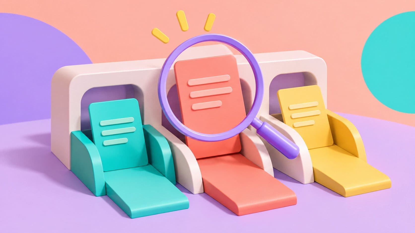 Three colored contract cards pass through review lanes, with a magnifying lens highlighting one.