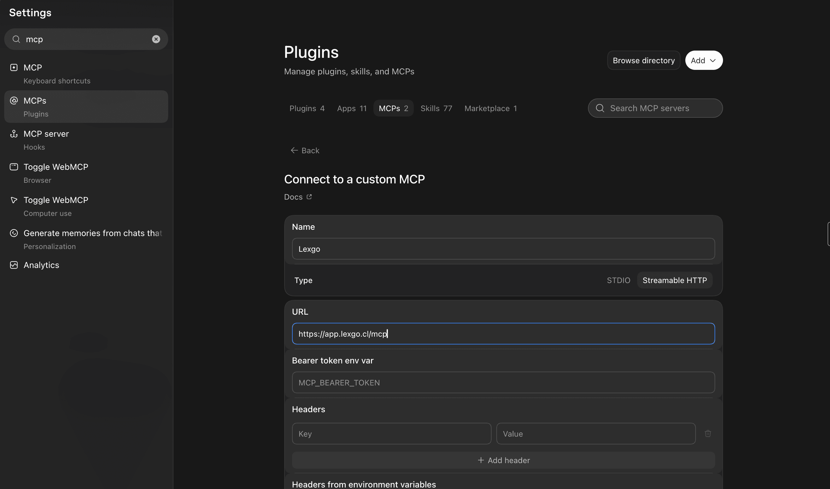 Codex desktop: formulario de MCP personalizado Lexgo con Streamable HTTP y la URL app.lexgo.cl/mcp