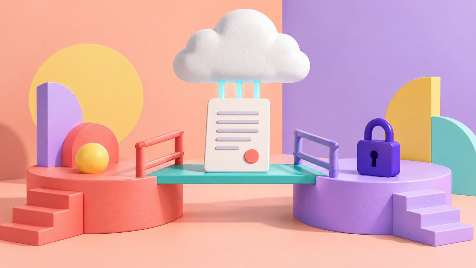 A cloud and contract connect two colorful platforms with guardrails and a purple padlock.